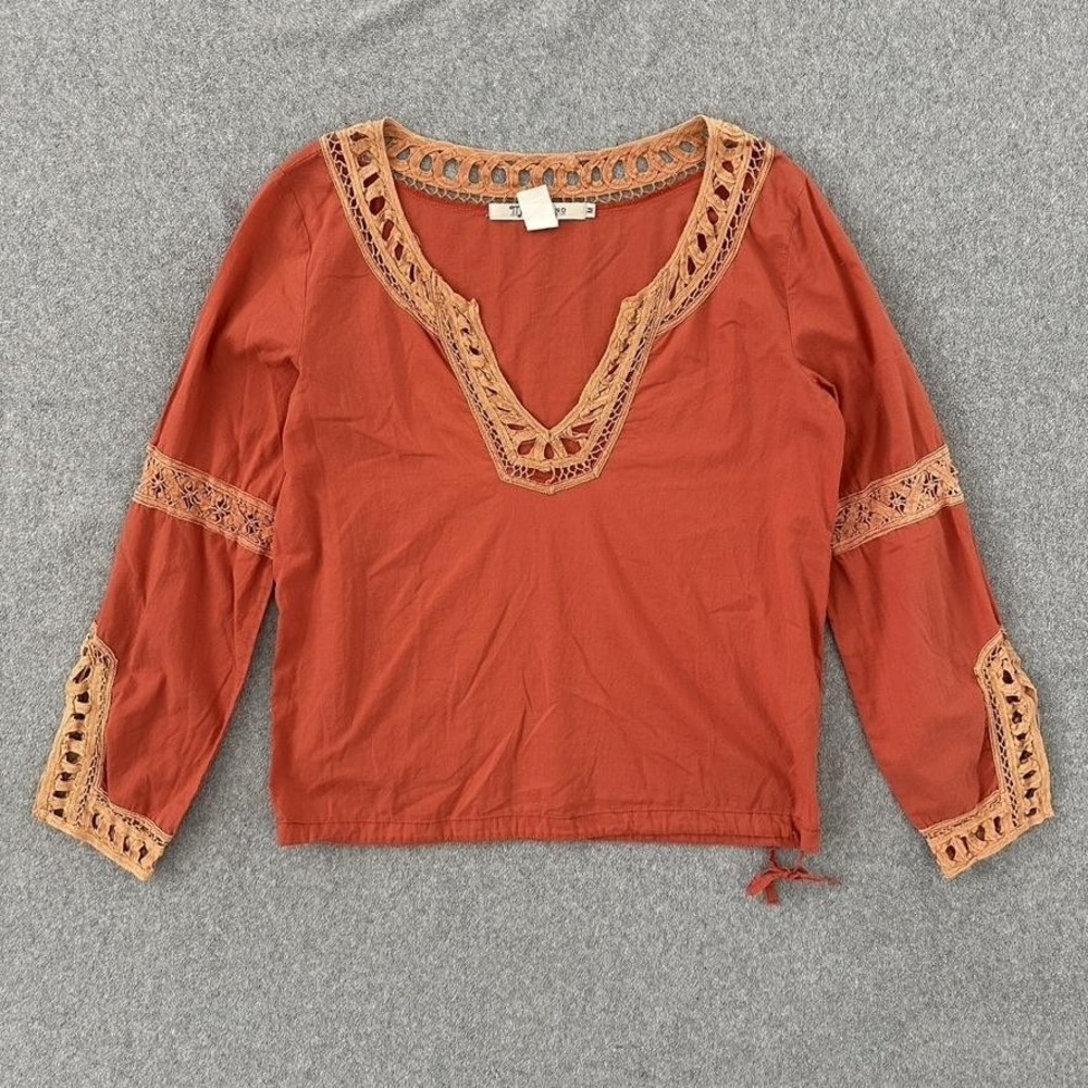 Monoreno Blouse Womens Medium Boho Crochet Lace V-Neck Cotton Rust Orange